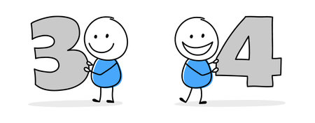 Hand drawn stickman holding number three and four symbols. Design of a cartoon icon set for business presentation. Vector illustrationのイラスト素材