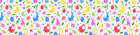 Easter pattern with bunnies, eggs and flowers. Banner. Vector illustrationのイラスト素材