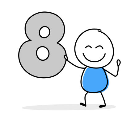 Funny concept with a stickman holding number eight icon. Cartoon style design for a business presentation. Vector illustrationのイラスト素材