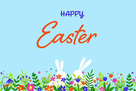 Colourful Easter greeting card with bunnies hidden in flower meadow. Vector illustrationのイラスト素材