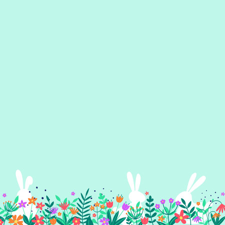 White bunnies and colourful flowers on blue background. Easter design. Vector illustrationのイラスト素材