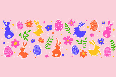 Easter banner with coloured eggs, bunnies and flowers. Vector illustrationのイラスト素材