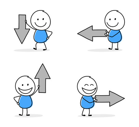 Collection of cartoon stickman holding arrow icons. Hand drawn symbols for business presentation. Vector illustrationのイラスト素材