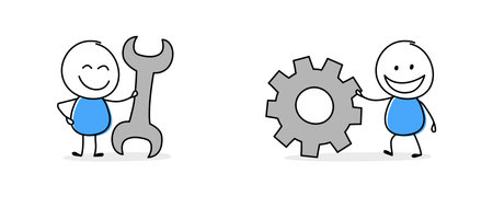 Collection of a funny stickman holding wreck and gearwheel sign. Hand drawn icons for a business presentation. Vector illustrationのイラスト素材