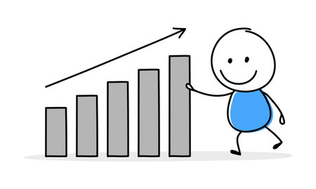 Hand drawn column graph symbol. Funny concept with a stickman holding icon. Cartoon style design. Vector illustrationのイラスト素材