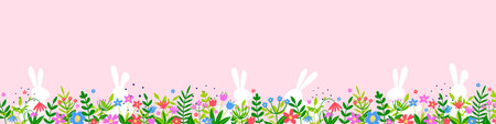 White bunnies and colourful flowers on pink background. Easter design. Panoramic header. Vector illustrationのイラスト素材