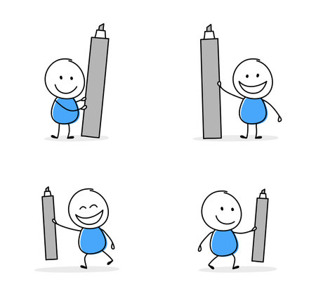 Collection of a funny stickman holding pen icon. Hand drawn design for a business presentation. Vector illustrationのイラスト素材