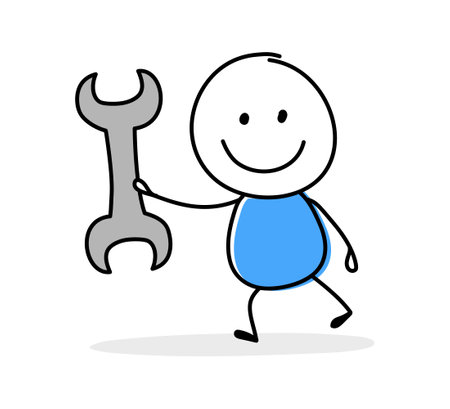 Funny cartoon stickman holding wrench icon. Hand drawn design for a business presentation. Vector illustrationのイラスト素材