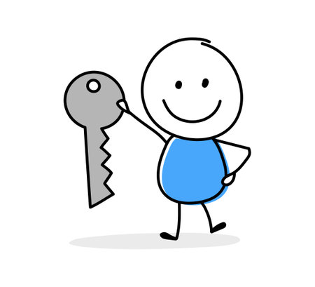 Hand drawn key symbol. Funny concept with a stickman holding icon. Cartoon style design. Vector illustrationのイラスト素材