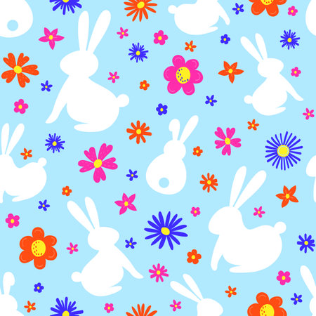 Easter pattern with bunnies and flowers. Vector illustrationのイラスト素材