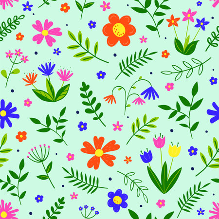Floral seamless pattern. Spring background with blowing flowers and leaves. Vector illustrationのイラスト素材