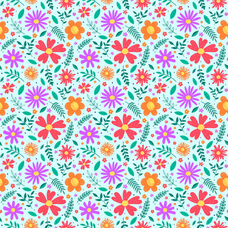 Floral texture. Spring background with colourful blowing flowers and leaves. Vector illustrationのイラスト素材