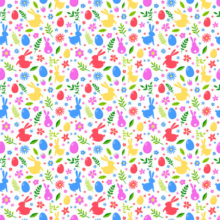 Easter pattern with bunnies, eggs and flowers. Vector illustrationのイラスト素材