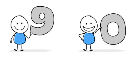 Hand drawn stickman holding number nine and zero symbols. Design of a cartoon icon set for business presentation. Vector illustrationのイラスト素材