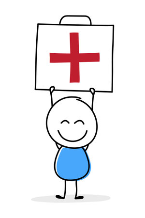 Funny cartoon stickman holding first aid kit icon. Hand drawn design for a business presentation. Vector illustrationのイラスト素材