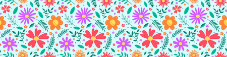 Floral seamless pattern. Spring background with colorful hand drawn flowers and leaves. Banner. Vector illustrationのイラスト素材