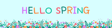 Hello Spring banner. Floral background with colorful blooming flower and leaves. Vector illustration