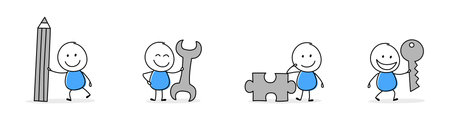 Collection of a funny stickman holding pencil, wrench, puzzle and key sign. Hand drawn icons for a business presentation. Vector illustrationのイラスト素材