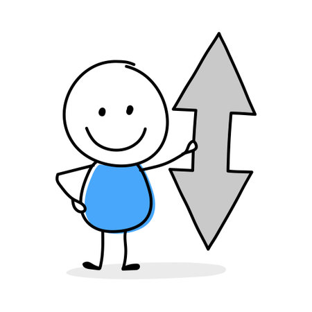 Cartoon stickman holding arrow icon. Funny hand drawn design for business presentation. Vector illustrationのイラスト素材