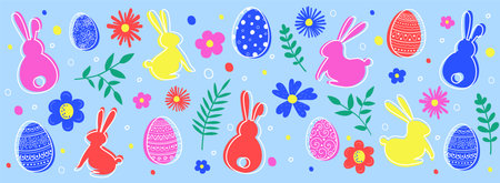 Easter banner with coloured eggs, bunnies and flowers. Vector illustrationのイラスト素材