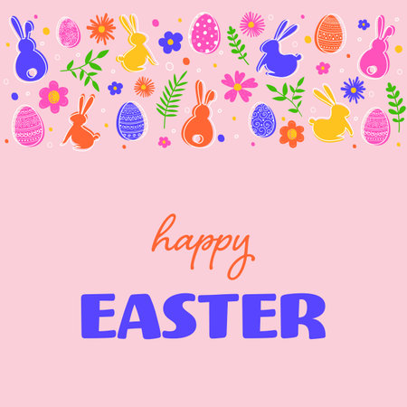Easter greeting card with coloured eggs, bunnies and flowers. Easter decoration. Vector illustrationのイラスト素材