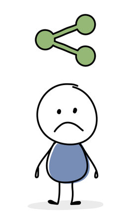 Sad cartoon caricature with share - social media icon. Business concept. Vectorのイラスト素材