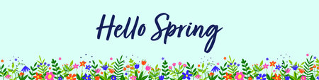 Hello Spring. Floral banner. Spring decoration with colourful blooming flower and leaves. Vector illustrationのイラスト素材
