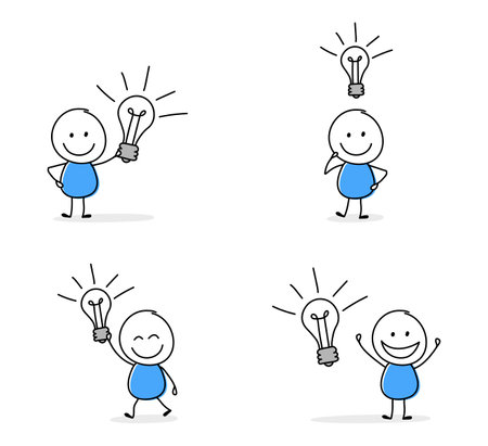 Hand drawn stickman holding lightbulb (idea) sign. Cartoon style icon set. Vector illustrationのイラスト素材