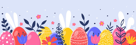 Colourful banner with Easter eggs, bunnies and flowers. Cartoon style Easter design. Vector illustrationのイラスト素材