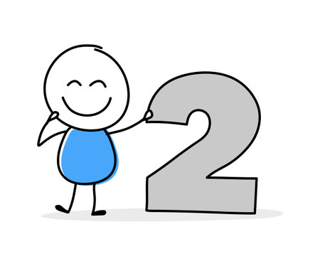 Happy cartoon stickman holding number two icon. Hand drawn design for a business presentation. Vector illustrationのイラスト素材