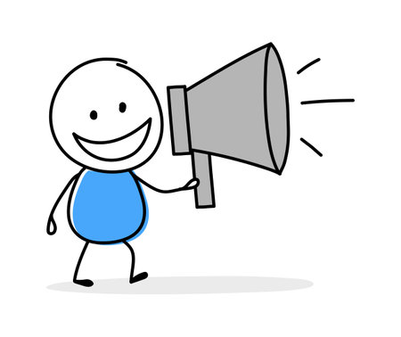 Hand drawn loudspeaker icon. Funny concept with a stickman screaming through a speaker. Cartoon style design. Vector illustrationのイラスト素材