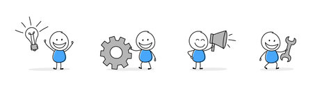 Hand drawn stickman holding bulb, gearwheel, speaker, wrench symbol. Cartoon style icon set. Vector illustrationのイラスト素材