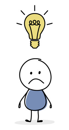 Sad cartoon caricature with light bulb - idea icon. Business concept. Vectorのイラスト素材