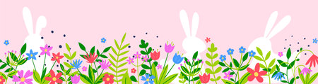 Pink background with Easter bunnies and flowers. Banner. Vector illustrationのイラスト素材
