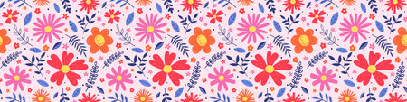 Floral texture. Spring background with colorful blowing flowers and leaves. Banner. Vector illustrationのイラスト素材