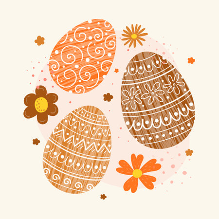 Colorful Easter background. Design of a card with eggs and flowers. Vector illustrationのイラスト素材