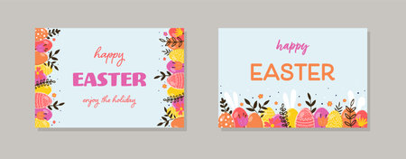 Hand painted Easter eggs, bunnies and flowers. Abstract backgrounds set. Vector illustrationのイラスト素材