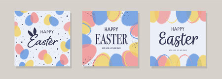 Happy Easter cards set. Modern background with hand painted eggs. Vector illustrationのイラスト素材