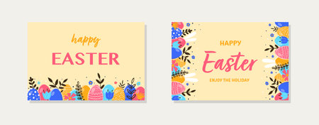 Trendy Easter greeting cards collection. Design of a background with eggs, rabbits and flowers. Vector illustrationのイラスト素材