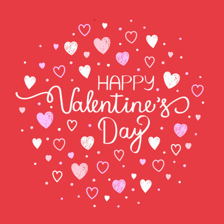 Happy Valentine's Day typography. Background with cute hand drawn hearts. Vector illustrationのイラスト素材