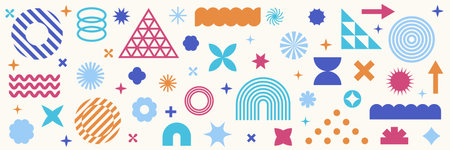 Collection of geometric graphic elements. Brutalist style abstract shapes. Retro design. Vector illustrationのイラスト素材