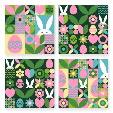 Easter bunny, egg and flower background set. Geometric design with cartoon elements. Vector illustrationのイラスト素材