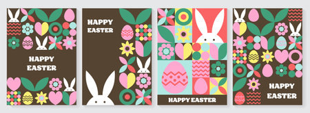 Set of geometric Easter greeting card. Abstract background with bunny, egg and flower. Vector illustrationのイラスト素材