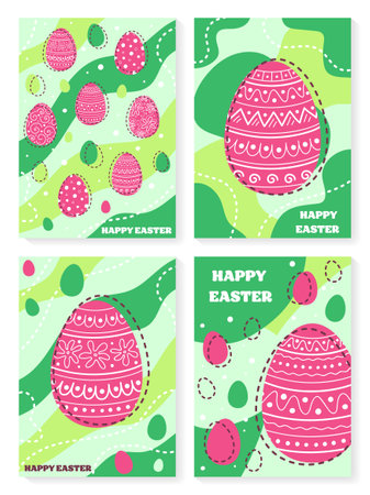 Collection of abstract Easter greeting card with decorative egg. Cartoon style background. Vector illustrationのイラスト素材