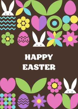 Geometric East greeting card with bunny, egg and flower. Abstract pattern design. Vector illustrationのイラスト素材