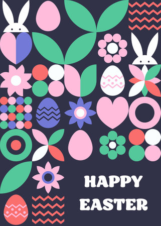 Geometric Easter greeting card. Abstract background with bunny, egg and flower. Vector illustrationのイラスト素材