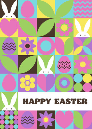 Easter greeting card in geometric style. Mosaic background with bunny, egg and flower. Abstract design. Vector illustrationのイラスト素材