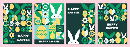 Set of geometric Easter greeting card. Abstract background with bunny, egg and flower. Vector illustrationのイラスト素材