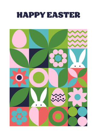 Geometric East greeting card with bunny, egg and flower. Abstract pattern design. Vector illustrationのイラスト素材