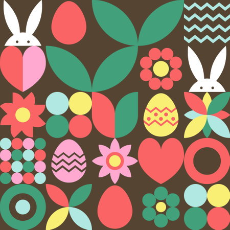 Easter background in geometric style. Mosaic with bunny, egg and flower. Abstract design. Vector illustrationのイラスト素材